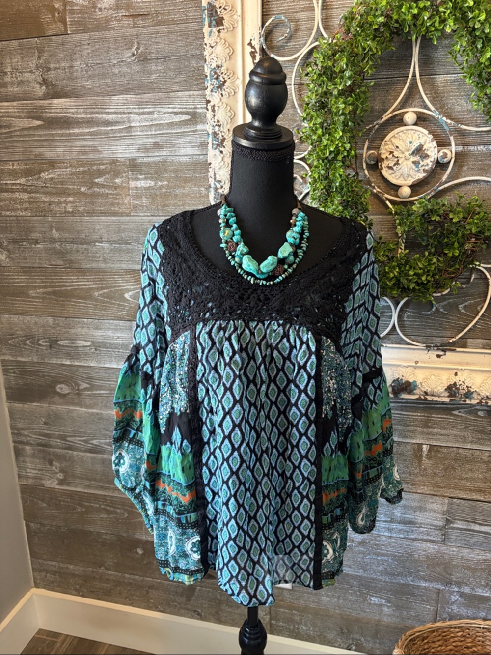 Bila Teal and Black Boho Crochet Yoke Tunic